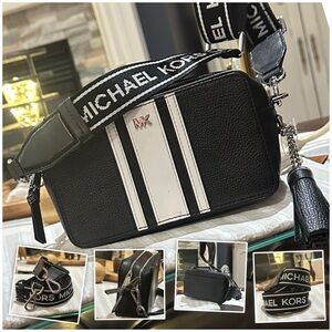 MICHAEL Michael Kors Small Black w/White Stripes Logo Tape Camera Bag, Like New